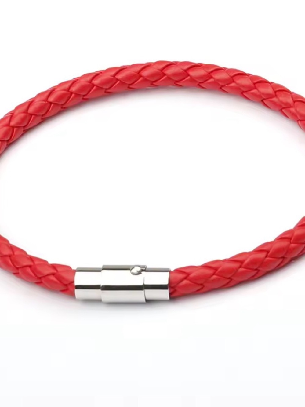 Men’s Boy Red Braided Leather Wrap Bracelet Silver Clasp Simple Minimalist